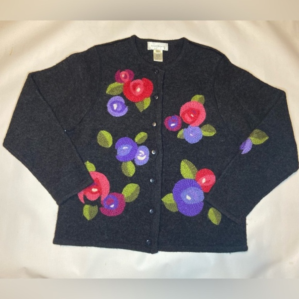Vintage Susan Bristol Cardigan Sweater Women L 100% Wool Hand Embroidered Floral